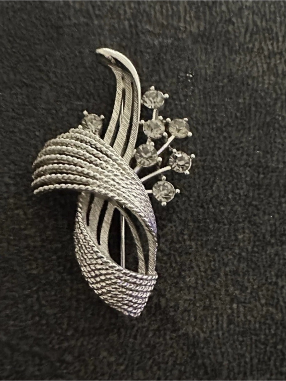 Vintage Silver Tone Swirl Ribbon Rhinestone Brooch Pin Statement Pin